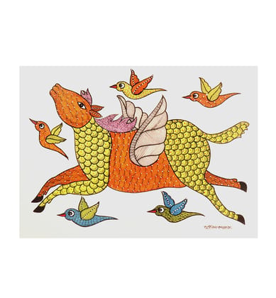 Handcrafted Gond Holy Cow Painting with Birds | Traditional Tribal Folk Art of Madhya Pradesh