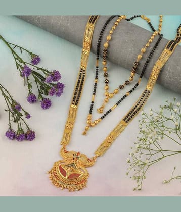 MGSV Jewellery Combo of 3 Pcs Ethnic Traditional One Gram Gold Glorious Maharashtrian Style Long Chain Black Beads 30 inch and 18 inch Short