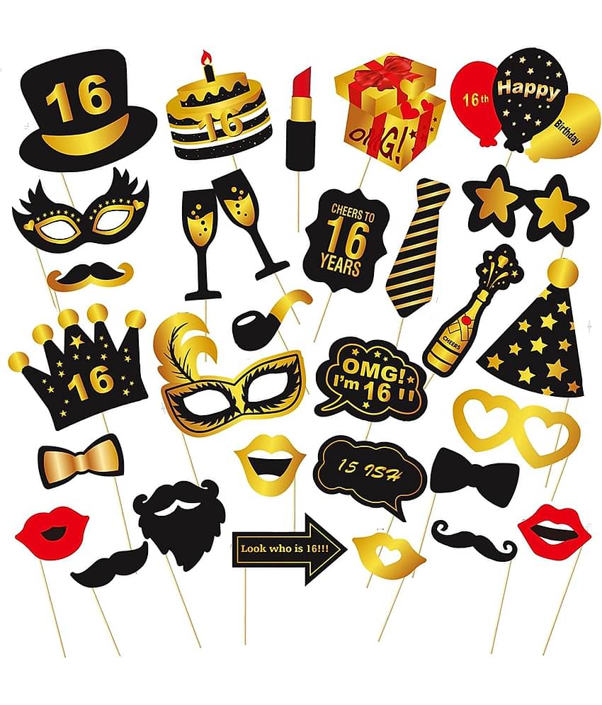 Zyozi Fully Assembled 16th Birthday Black and Golde Photo Booth Props - Set of 30 - Black Gold Selfie Signs - 16th Party Supplies & Decorations - Cute 16th Bday Designs