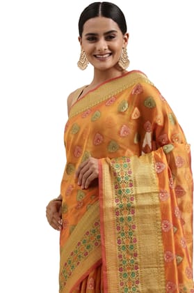 Women's Organza Printed Saree with Unstitched Blouse (Mustard, 5-6 Mtrs)