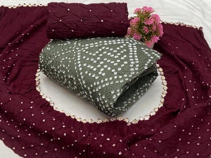 Soft Cotton Dual Contrast Kutch Bandhani Dress Material ( Unstitched)-Grey-wine