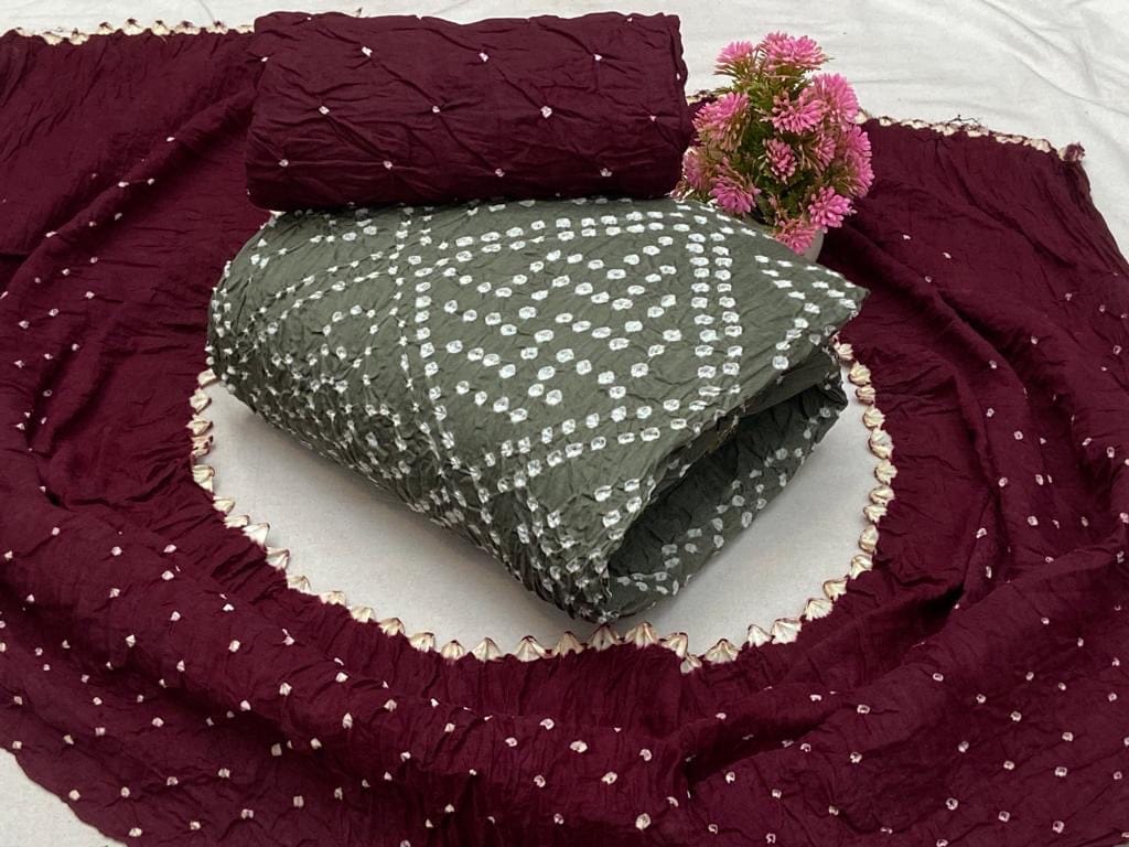 Soft Cotton Dual Contrast Kutch Bandhani Dress Material ( Unstitched)-Grey-wine