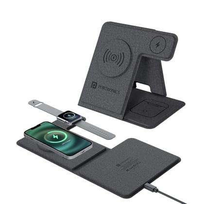 Portronics Freedom Fold 3 15W 3 in 1 Foldable MagSafe Compatible Wireless Charger for iPhone 12 and Above Series (Black)