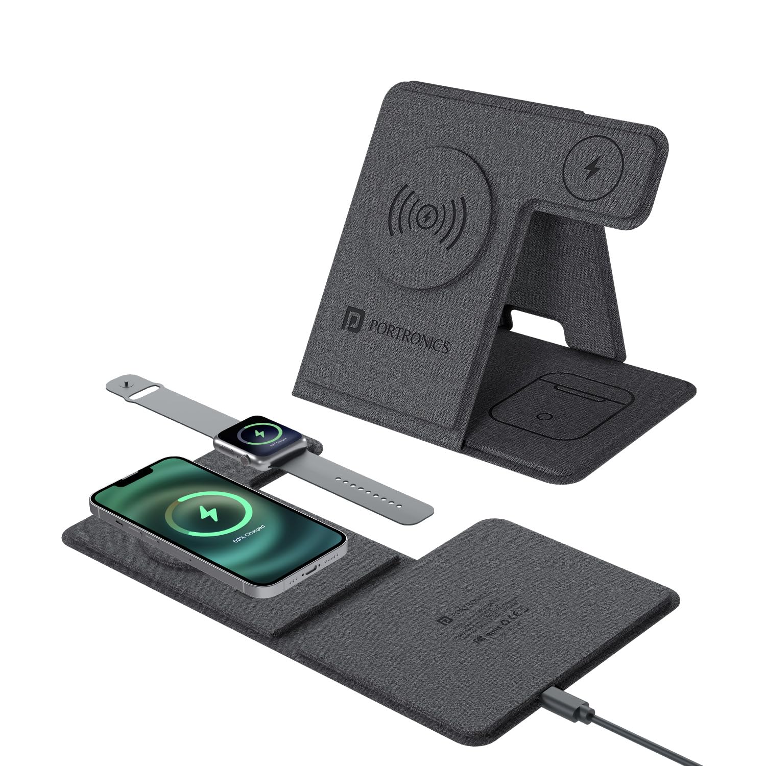 Portronics Freedom Fold 3 15W 3 in 1 Foldable MagSafe Compatible Wireless Charger for iPhone 12 and Above Series (Black)