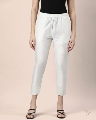 Embroidered Metallic Straight Pant - Metallic White-S / Metallic White