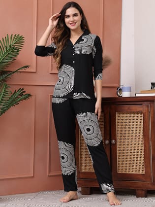 Black Color Abstract Printed Viscose Rayon Night Suit-S