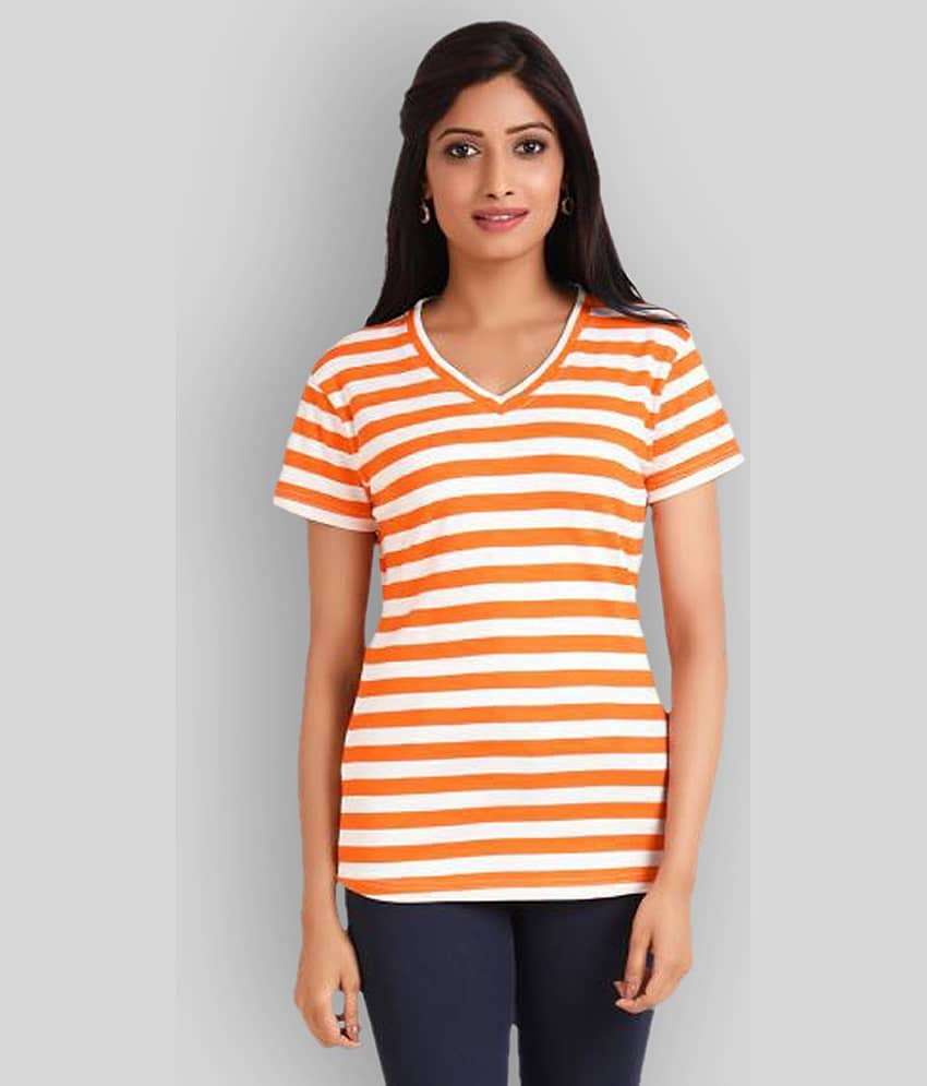 Neo Garments Women Polyester Striped Regular Fit V-Neck T-Shirt ( Orange )