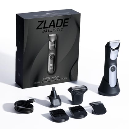 Zlade Ballistic Pro Max All in One Trimmer for Men | Beard, Body, Nose & Ear Trimmer | Body Shaver | 90 Mins Non Stop Runtime | 2 in 1 USB C or Wireless Charging Stand | Battery Indicator Display | Waterproof IPX7 Zlade Ballistic Pro Max All in One Trimm
