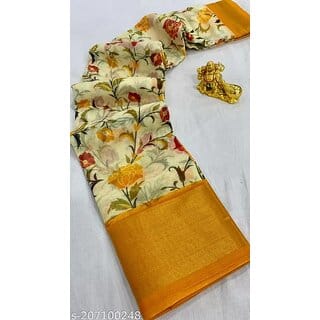 Yellow Colour Flower Printed Cotton Saree With Blouse Piece