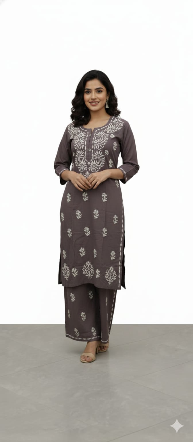 Lucknow Handwork Chikankari 2 Piece Palazzo Set With White Embroidery