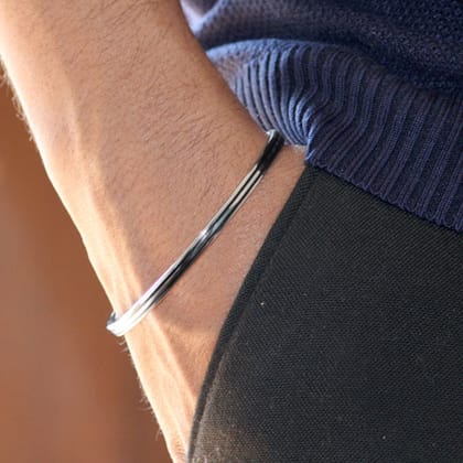 Black Grace 2 Lines Silver Kada for Men-2.2”