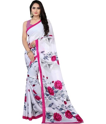LEELAVATI Georgette Printed Saree With Unstitched Blouse Piece ( White )