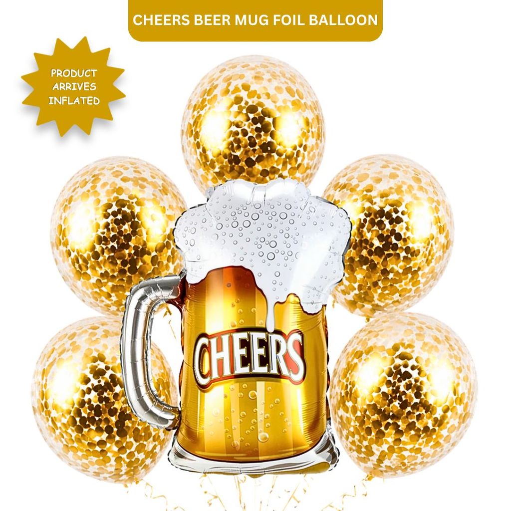 Cheers Beer Mug Helium Balloon Set of 6 (Beer Mug Supershape + Gold Confetti Balloons) | Pre-Inflated & Delivered - Party and Festive Needs | Buy online on ZillyBuy