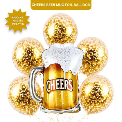 Cheers Beer Mug Helium Balloon Set of 6 (Beer Mug Supershape + Gold Confetti Balloons) | Pre-Inflated & Delivered Cheers Beer Mug Helium Balloon Set of 6 (Beer Mug Supershape + Gold Confetti Balloons) | Pre-Inflated & Delivered