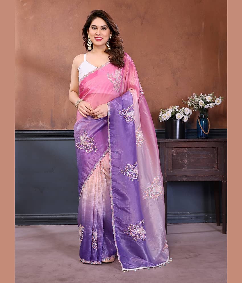 BLEESBURY Organza Embroidered Regular Saree With Unstitched Blouse Piece ( Multicolor 3 )