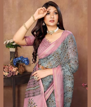 Yashika Cotton Blend Printed Regular Saree With Unstitched Blouse Piece ( Grey )