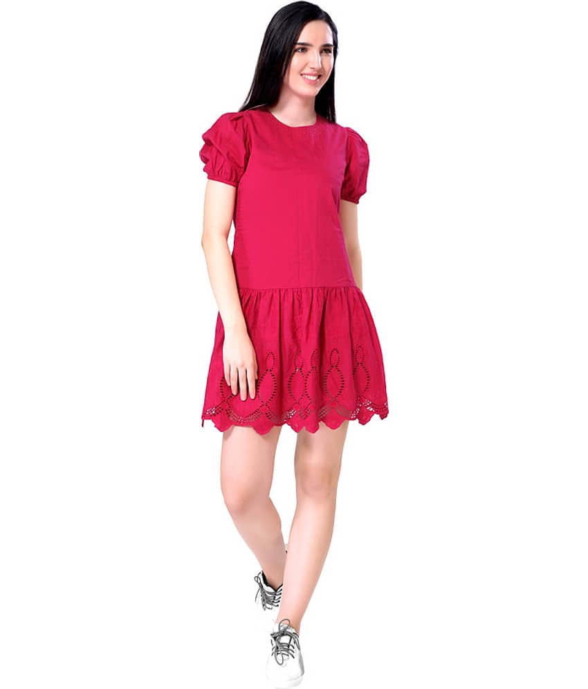 Mantra Fashion Women's Pink Solid Schiffli Fit and Flare Dress ( Pack of 1 )