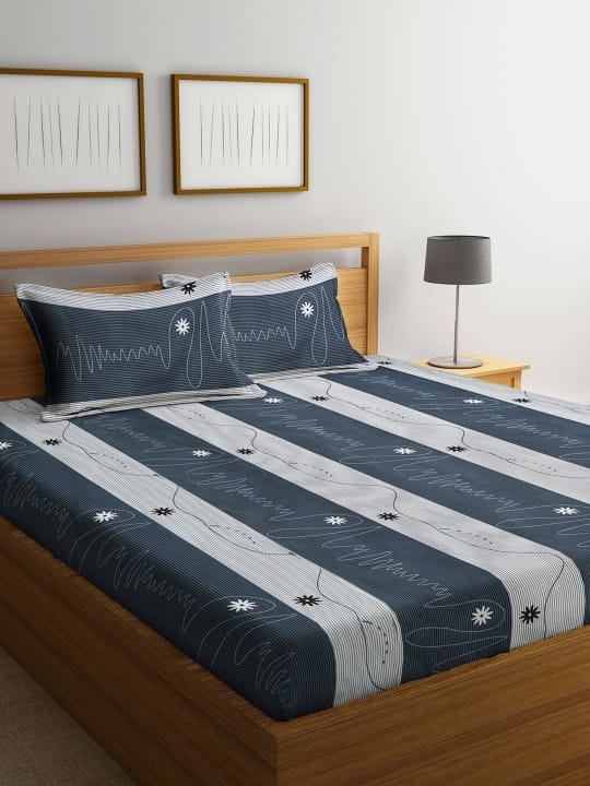 Grey & White Striped 300 TC King Bedsheet with 2 Pillow Covers