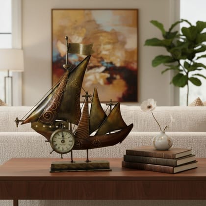 Handicraft Showpiece Analog-Clock for Home/Office,Metallic Sea-Ship Analog-Clock,Table Decor Analog-Clock