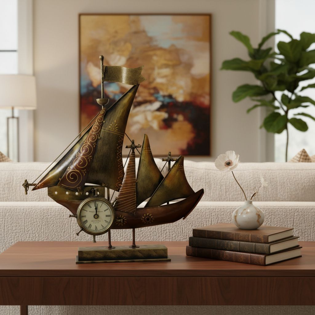 Handicraft Showpiece Analog-Clock for Home/Office,Metallic Sea-Ship Analog-Clock,Table Decor Analog-Clock