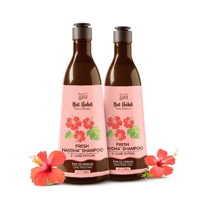 Nat Habit Hibiscus Navdha Shampoo for Hair Growth, Fermented Soy Gentle Cleanser for Long Thick Hair | Natural Shampoo for Oily Scalp & Dry Frizzy Hair with Amla For Women & Men, Sulfate Free| 2 X 250ml Nat Habit Hibiscus Navdha Shampoo for Hair Growth, 