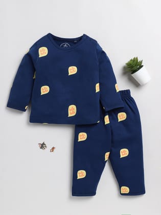 Typography Blue Full Sleeve Nightwear Set-3-6 m