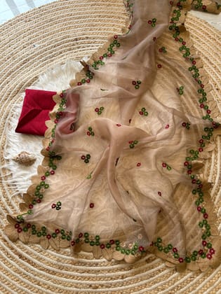 New Partywear Organza Silk Embroidered Work Fancy Designer Saree With Blouse-Golden