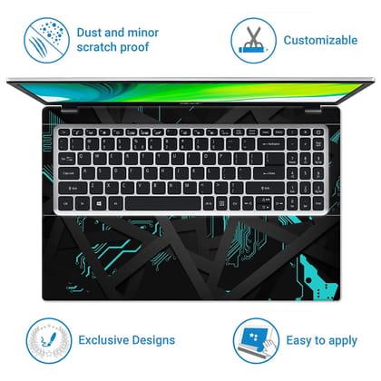 Finearts Full Body Laptop Skin Upto 15.6 inch Sticker Compatible for Dell/HP/Lenovo/Acer/Sony All Laptop Size Upto 14 to 15.6 Inch - Grey Bars on Cyan Circuit