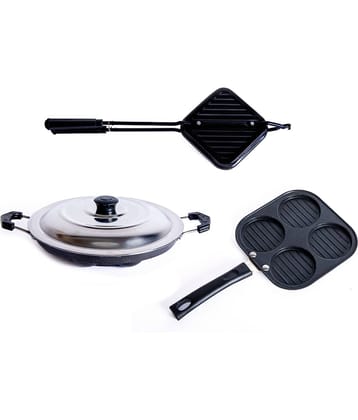 Homepro Non-Stick Set ,Appam Patra with Steel Lid 12 Cavity,Mini Uttapam 4 Cavity, Grill Toaster (Pack of 3)