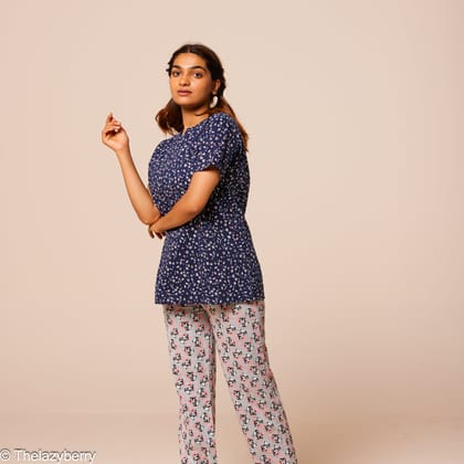 Navy blue with floral prints and grey mix & match night dress-L