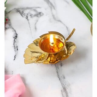 Brass Leaf Design Diya  Decorative Oil Lamp for Diwali, Puja Room, and Festive Home Dcor