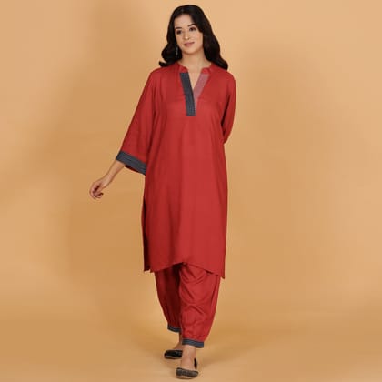Rust solid Cotton Modal A-line kurta set with neck and detailing-XS