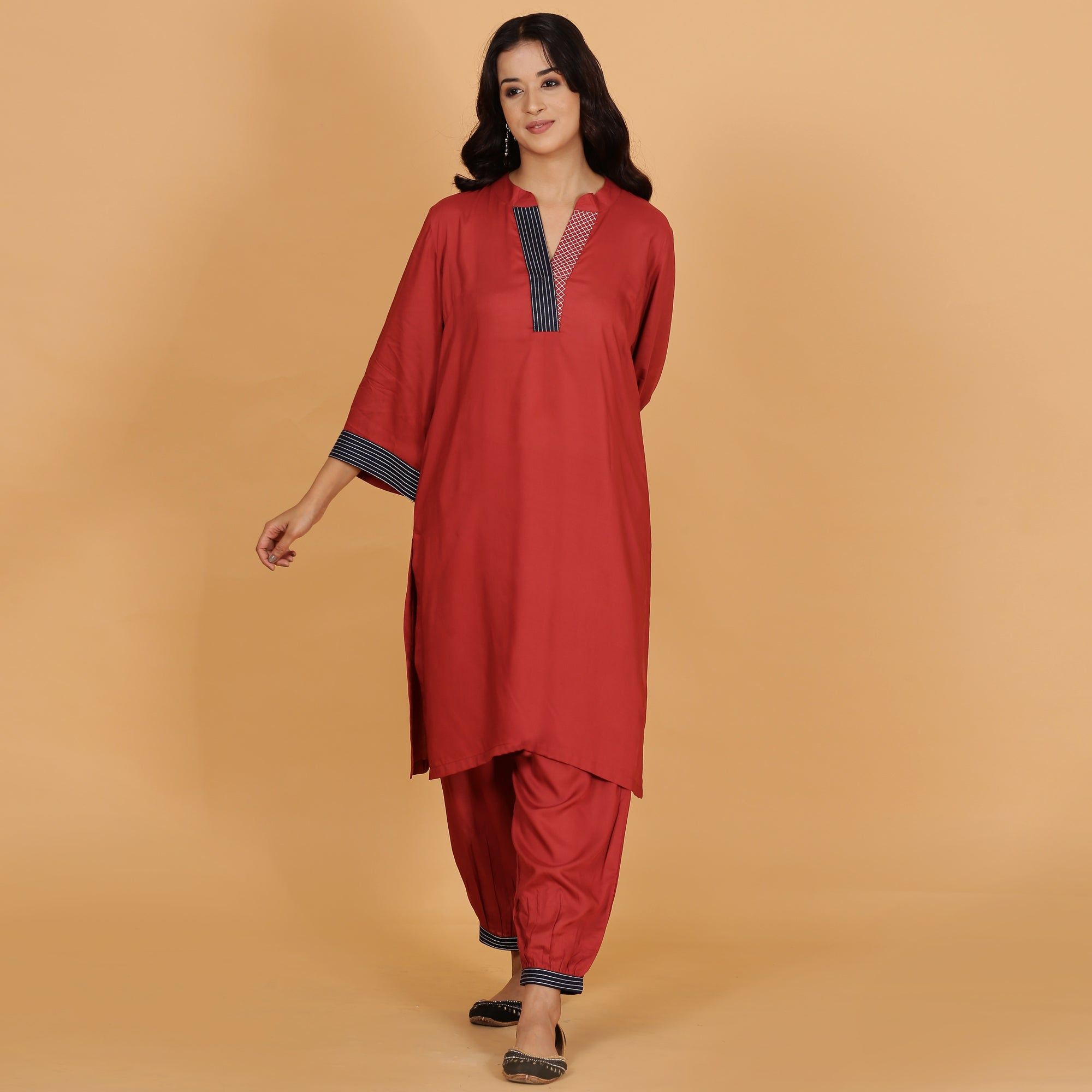 Rust solid Cotton Modal A-line kurta set with neck and detailing-XS
