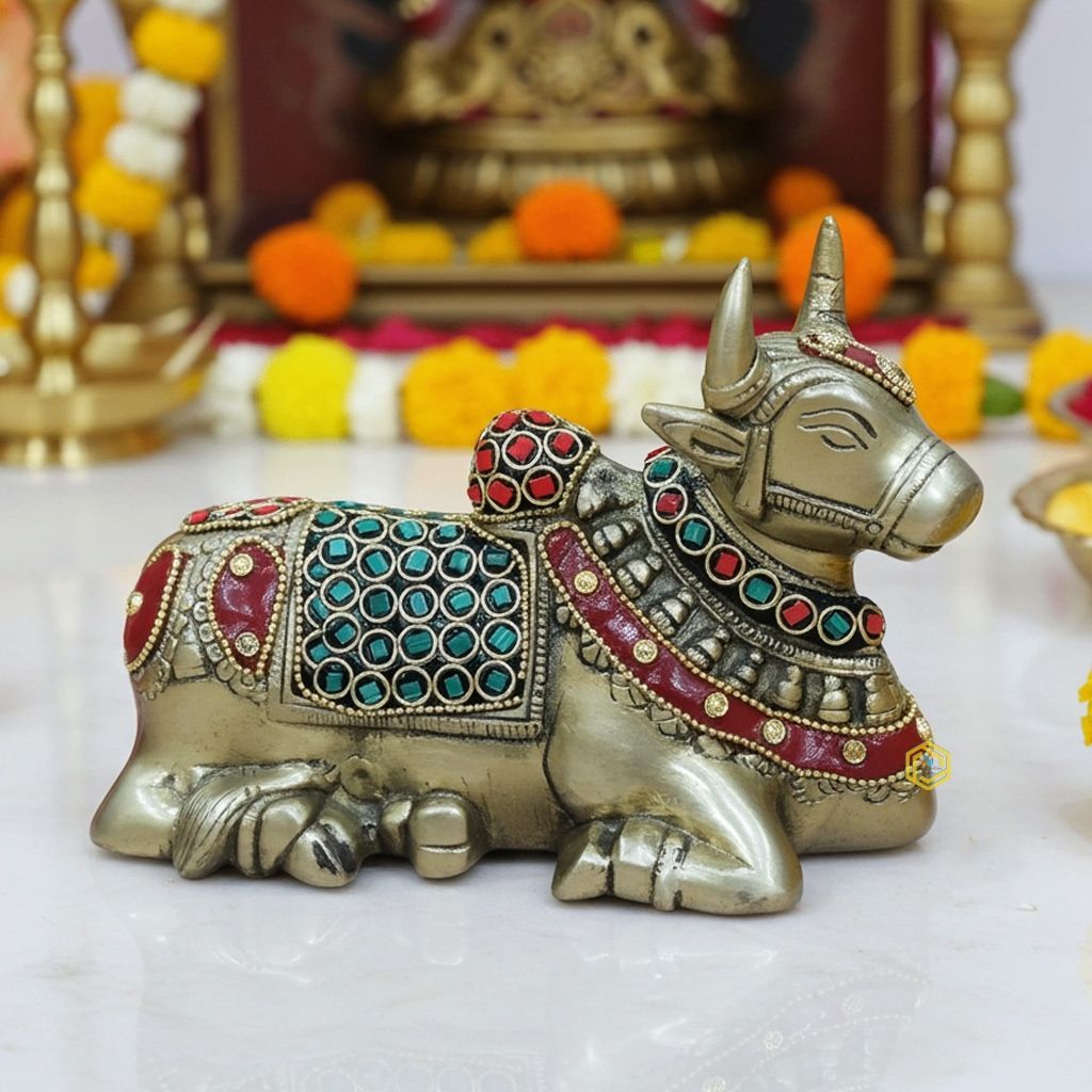 Brass Showpiece Nandi God Idol Statue - Lord Shiva Temple Showpiece, Height : 5 Inch (BSMAS1565 A)