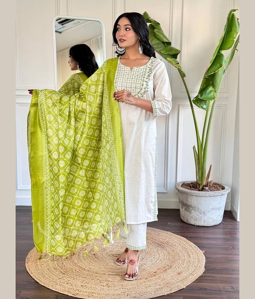 TRAHIMAM Women Cotton Embroidered Straight Kurti With Pants ( White )