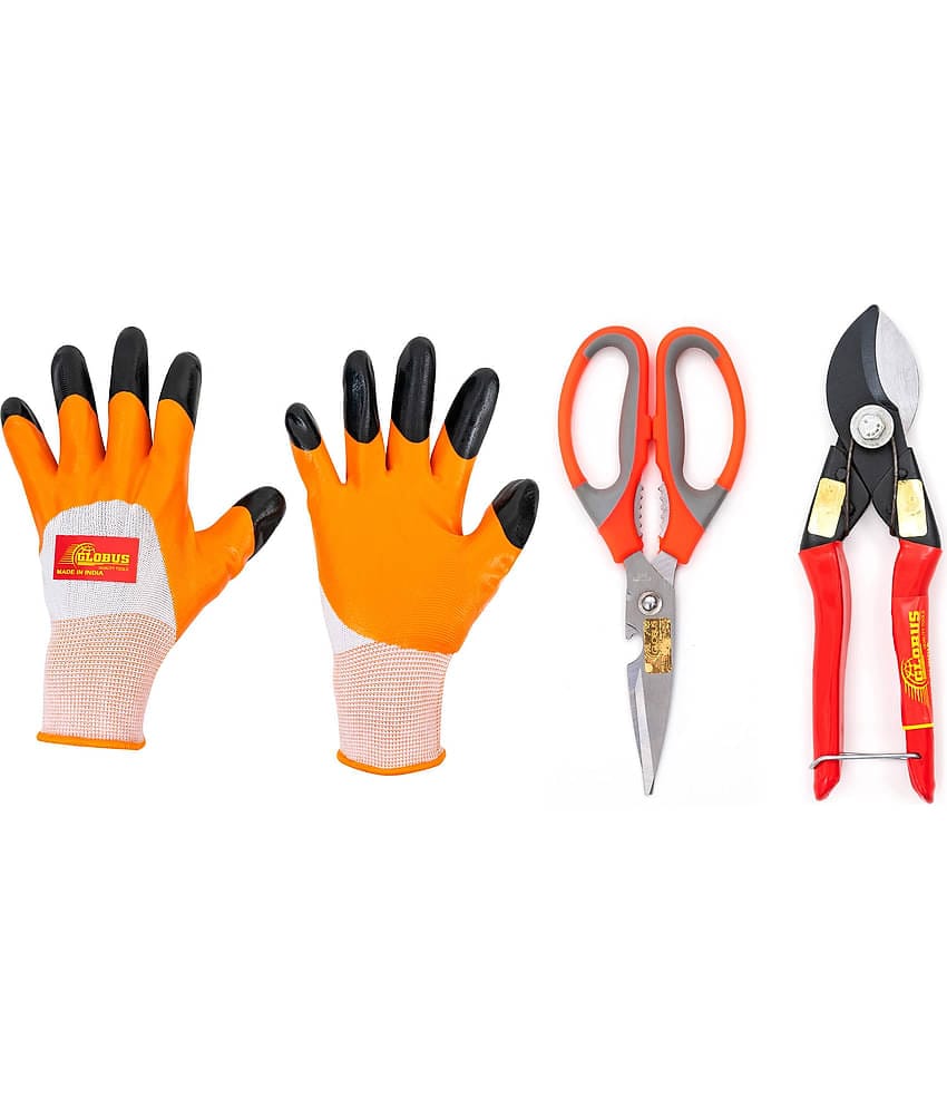 GLOBUS 1292 Steel Garden Tool Set/2 PCS (Garden Scissor and German Pruner 8") with Working Gloves
