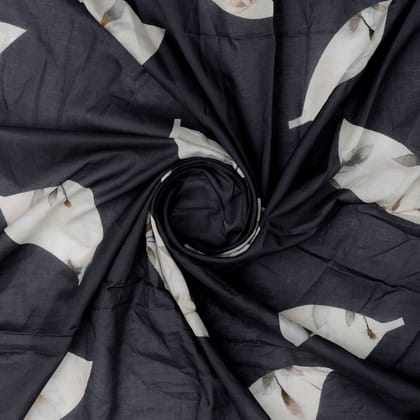 Leaves Print On Dark Grey Base Digital Printed Fabric