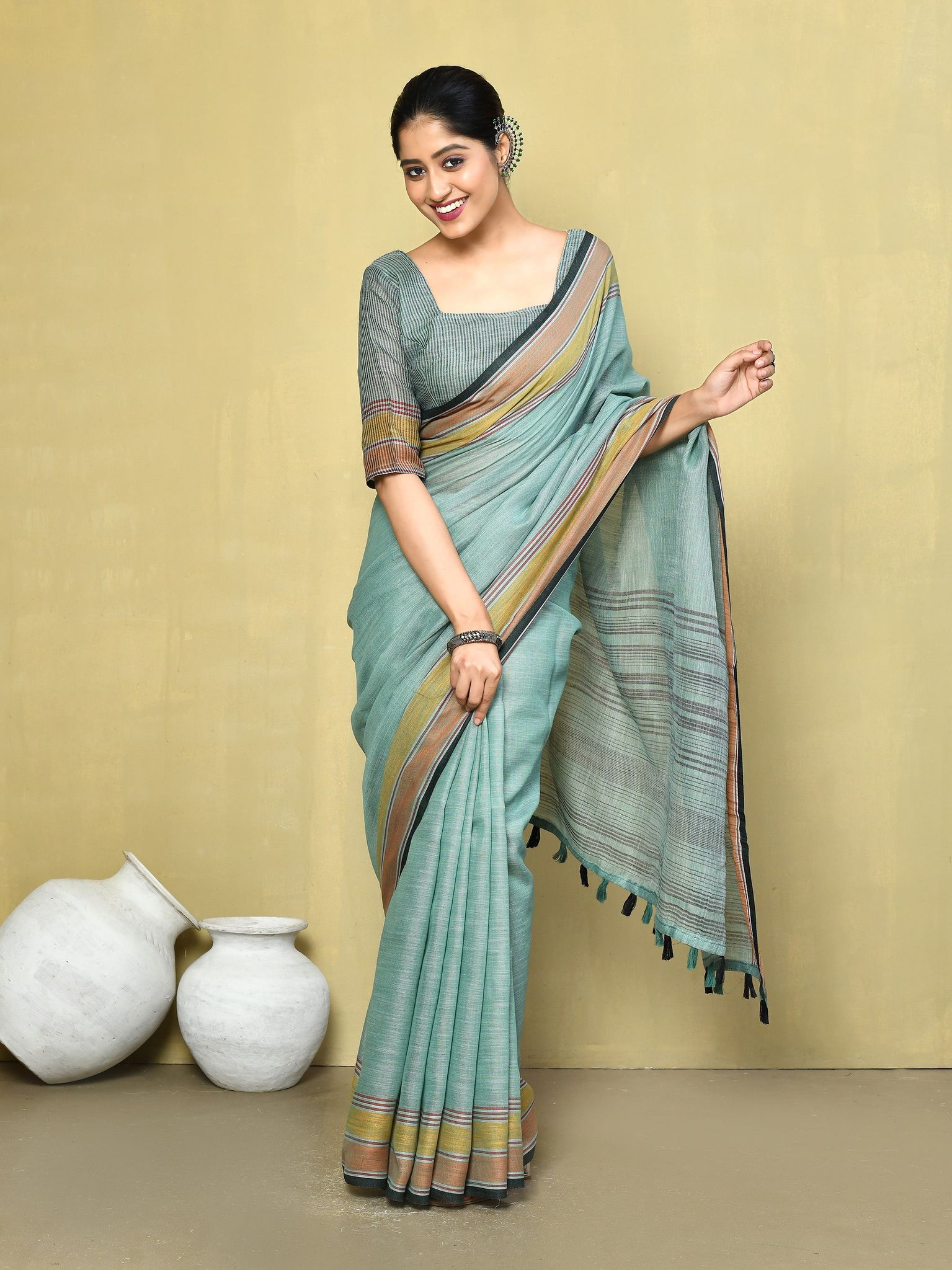 Sea Green plain Linen  Saree