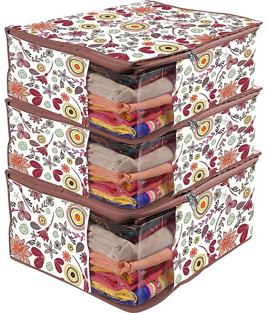 PrettyKraftsSaree Cover Large with creative prints, Saree Storage Bag with Zip, Wardrobe Organiser, Clothes Cover & Storage,Multi Mushroom , Set of 3 pcs