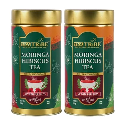 TEA TRIBE Herbal Tea Moringa Hibiscus Blend Red Green Loose Leaf Tea 100 Gm Natural Botanical Ingredients for Hot and Cold Brew (Pack of - 2)
