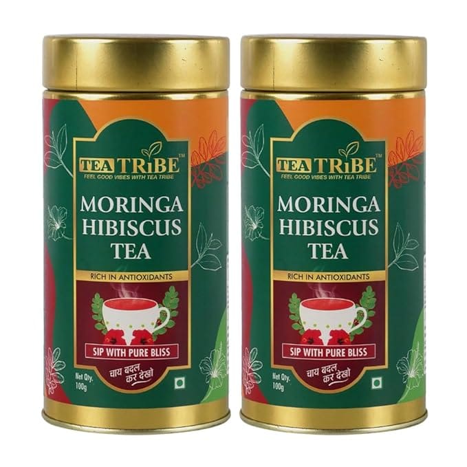 TEA TRIBE Herbal Tea Moringa Hibiscus Blend Red Green Loose Leaf Tea 100 Gm Natural Botanical Ingredients for Hot and Cold Brew (Pack of - 2)