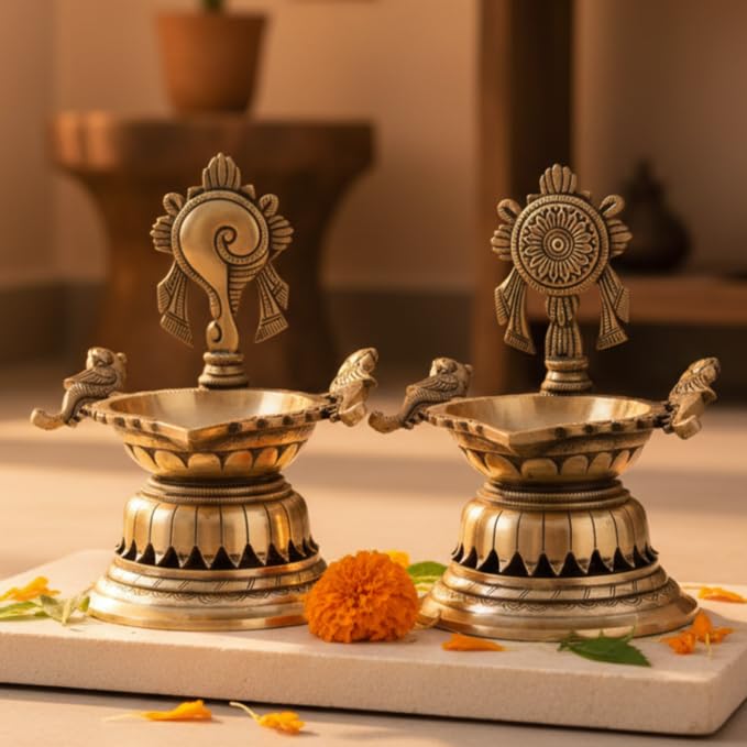 Sukh Sehaj Shankhu Chakra Diyas Set, Narayan Diya, Deepak, Brass, Handcrafted, Antique Finish, 9.1 Inch Height, Oil Lamp Home Temple, Decor, Pooja Ritual and Gifting