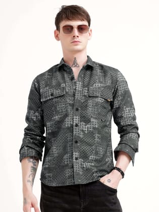 Geometric Print Dark Green Shacket-S / Dark Green