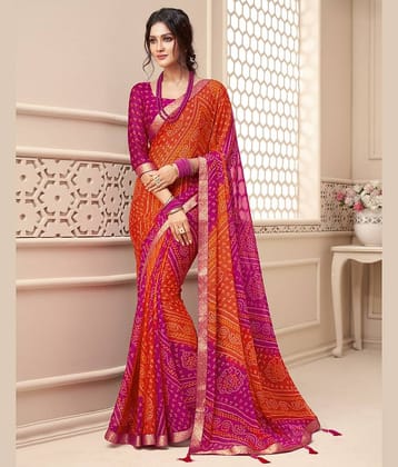 Satrani Chiffon Printed Saree With Unstitched Blouse Piece ( Pink )