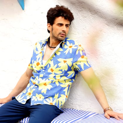 Lily Flower Dodger Blue Casual Pure Linen Half Shirt (Size - S) by BLUE EAGLE