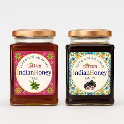 IndianHoney Jamun & Tulsi Honey Combo (Pack of 2) | Pure & Natural | 1kg (500g Each) | Unprocessed & Unfiltered Natural Sweetener