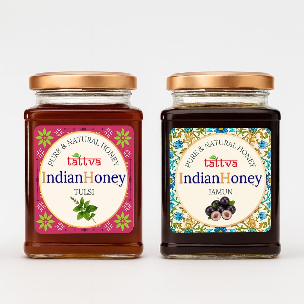 IndianHoney Jamun & Tulsi Honey Combo (Pack of 2) | Pure & Natural | 1kg (500g Each) | Unprocessed & Unfiltered Natural Sweetener