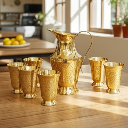 Brass Jug with 6 Glasses – Lemon Set | Luxury Drinkware Combo, Height : 9 Inch (ZMAS234 C)