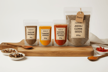 Phoran 450 gm Combo pack - Garam Masala 50 gm l Turmeric 100gm lKashmiri chillie 100 gm l Whole Cumin Jeera 200 gm lBuy Indian Spice Starter Kit Online - 4 Must-Have Spices | Phoran