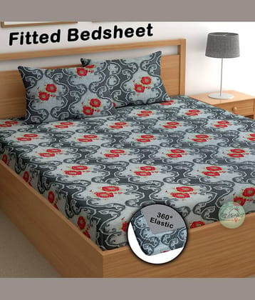 CG HOMES Cotton Floral Fitted 1 Bedsheet with 2 Pillow Covers ( Double Bed ) - Gray